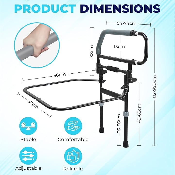 Heavy Duty Bed Rail with Foldable Support Handle and Adjustable Legs