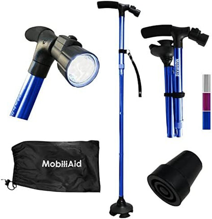 MobiliAid Smart Foldable Walking Stick with LED Light (Blue)