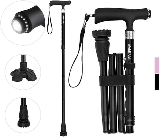 MobiliAid Elegant Foldable Walking Stick with LED Light (Black)
