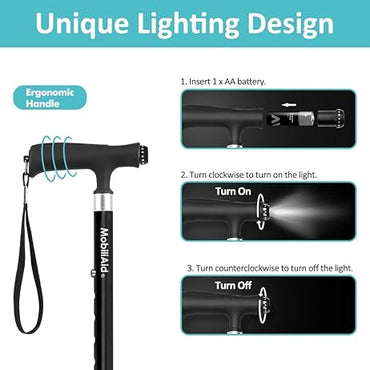 MobiliAid Elegant Foldable Walking Stick with LED Light (Black)