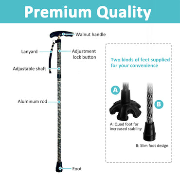 MobiliAid Luxury Foldable Walking Stick with genuine Wooden Handle (Engraved Black)