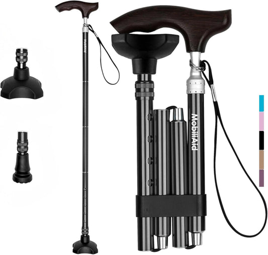 MobiliAid Luxury Foldable Walking Stick with genuine Wooden Handle (Black)