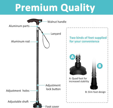 MobiliAid Luxury Foldable Walking Stick with genuine Wooden Handle (Black)