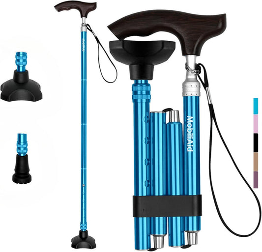 MobiliAid Luxury Foldable Walking Stick with genuine Wooden Handle (Blue)