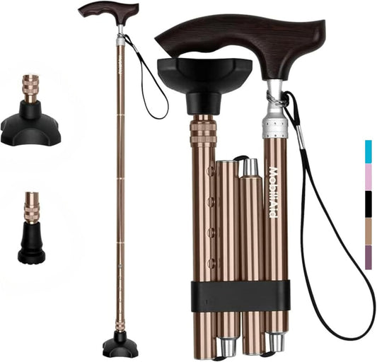 MobiliAid Luxury Foldable Walking Stick with genuine Wooden Handle (Bronze)
