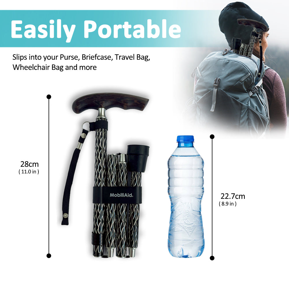 MobiliAid Luxury Foldable Walking Stick with genuine Wooden Handle (Engraved Black)