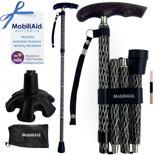 MobiliAid Luxury Foldable Walking Stick with genuine Wooden Handle (Engraved Black)
