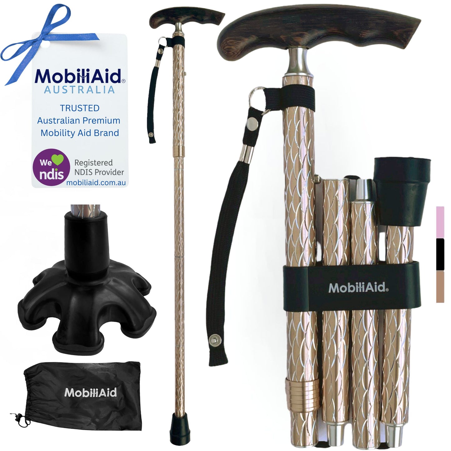 MobiliAid Luxury Foldable Walking Stick with genuine Wooden Handle (Engraved Gold)