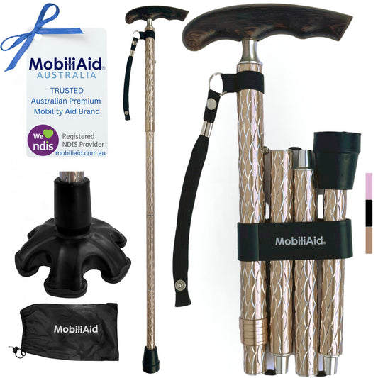 MobiliAid Luxury Foldable Walking Stick with genuine Wooden Handle (Engraved Gold)