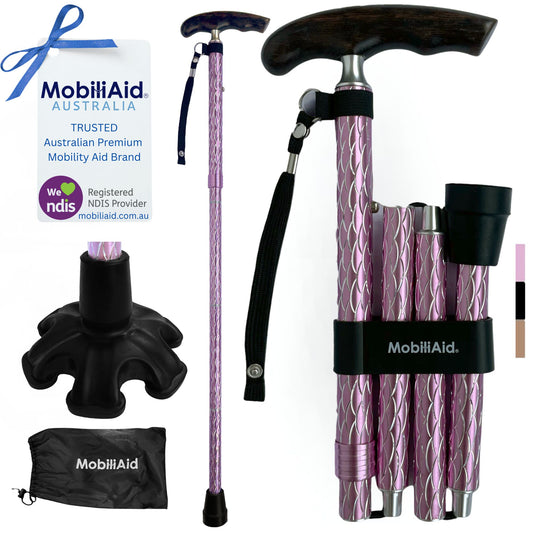 MobiliAid Luxury Foldable Walking Stick with genuine Wooden Handle (Engraved Pink)