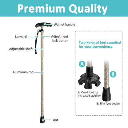 MobiliAid Luxury Foldable Walking Stick with genuine Wooden Handle (Engraved Gold)