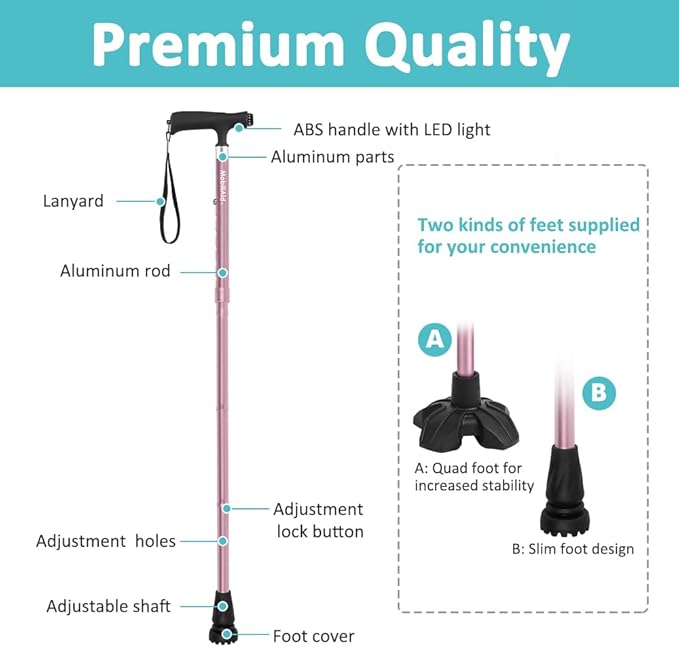 MobiliAid Elegant Foldable Walking Stick with LED Light (Pink)