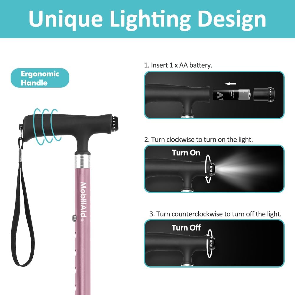 MobiliAid Elegant Foldable Walking Stick with LED Light (Pink)