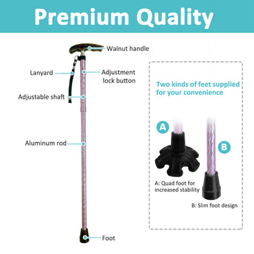 MobiliAid Luxury Foldable Walking Stick with genuine Wooden Handle (Engraved Pink)