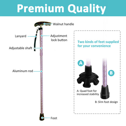 MobiliAid Luxury Foldable Walking Stick with genuine Wooden Handle (Engraved Pink)