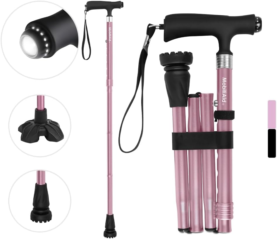 MobiliAid Elegant Foldable Walking Stick with LED Light (Pink)