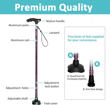 MobiliAid Luxury Foldable Walking Stick with genuine Wooden Handle (Aubergine)