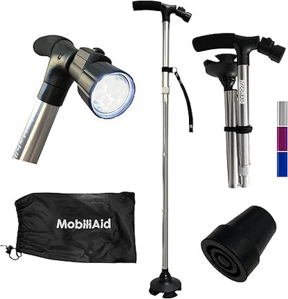 MobiliAid Smart Foldable Walking Stick with LED Light (Silver)